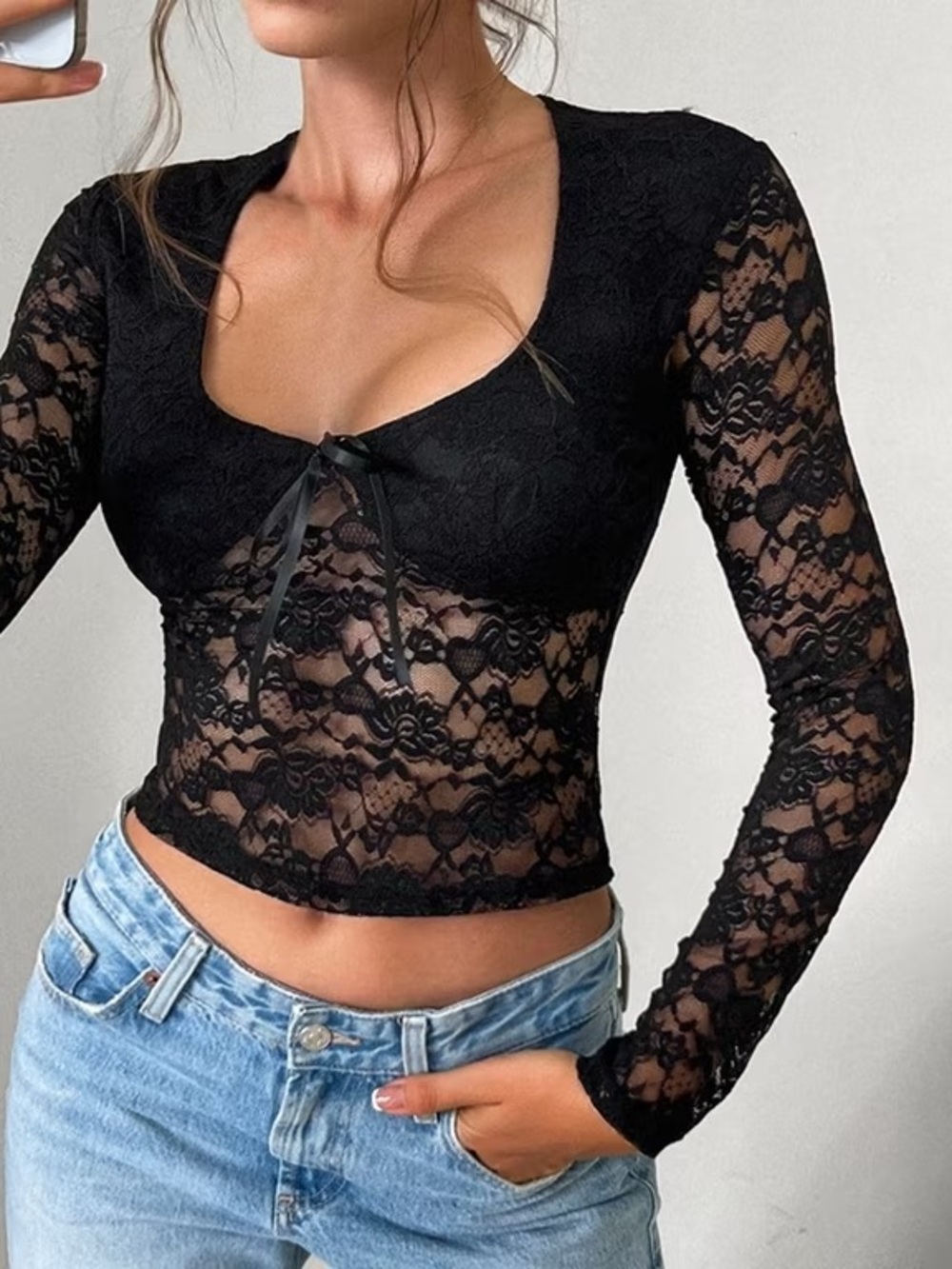 Black Lace Long Sleeve Crop Top